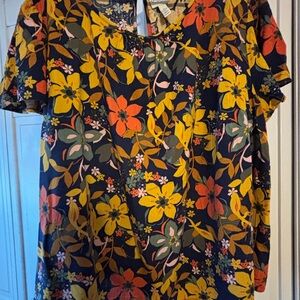 Floral V-Neck Short Sleeve Top in Navy with Yellow & Coral Flowers